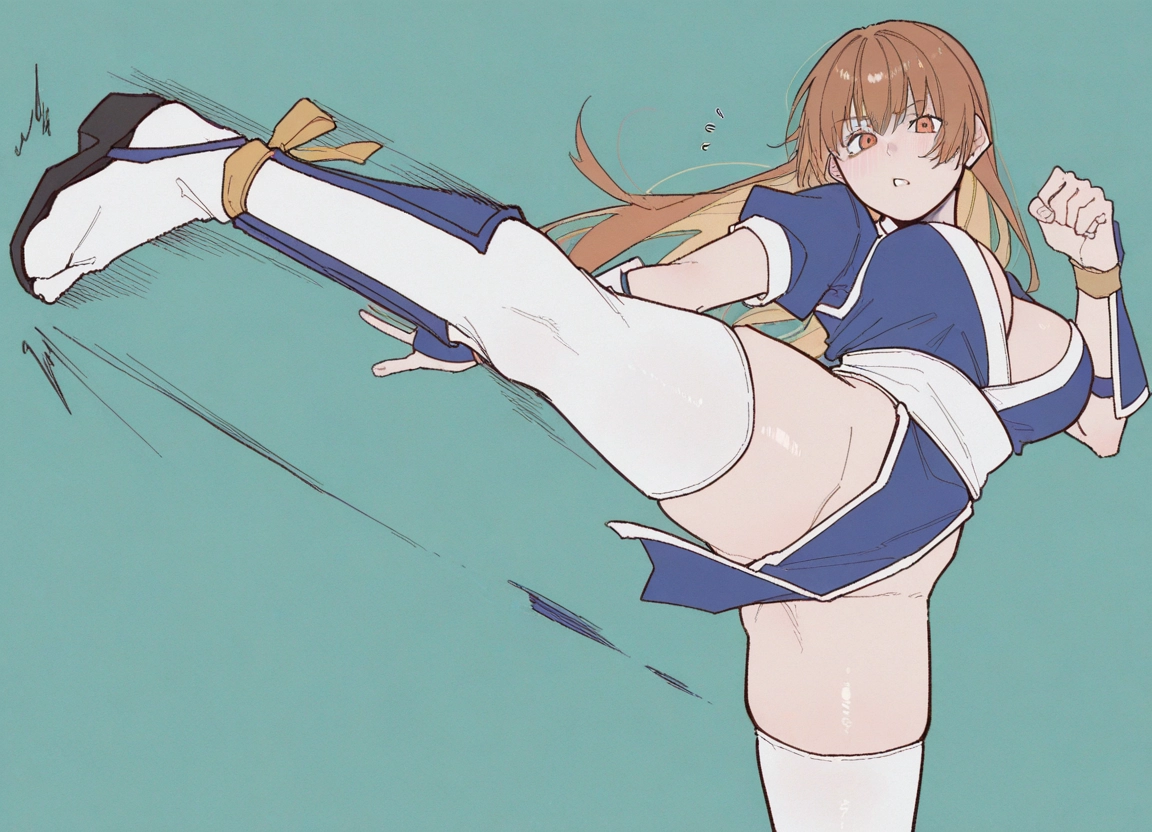 1girl, breasts, thighhighs, pelvic curtain, solo, kicking · Yamete.gg