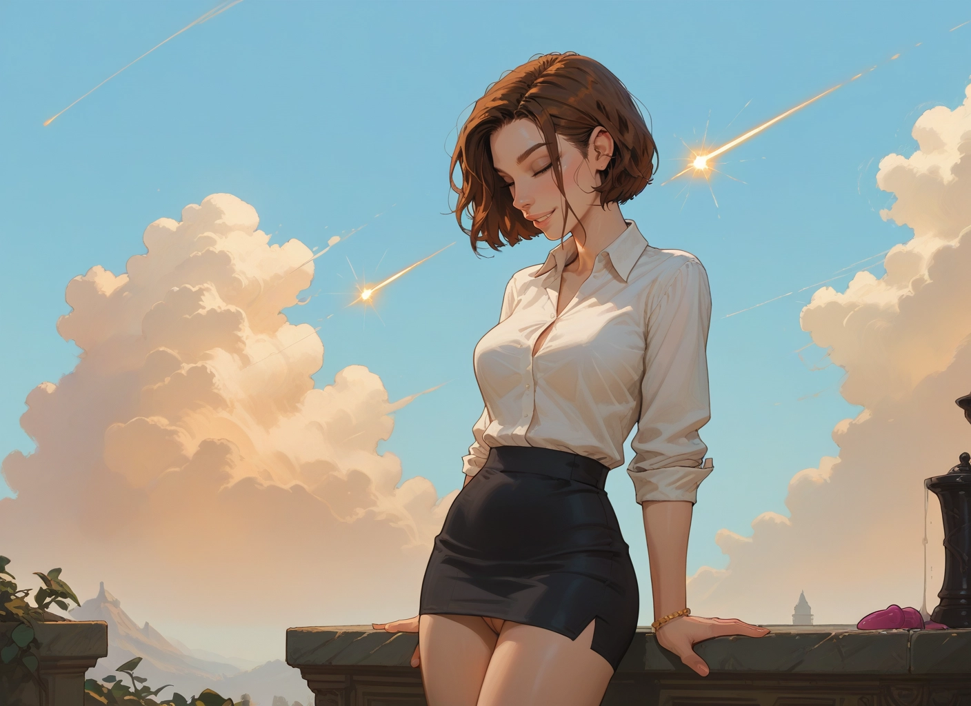 1girl, skirt, brown hair, shirt, solo, closed eyes · Yamete.gg