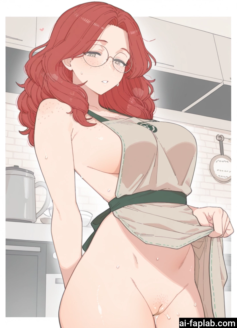 1girl, solo, glasses, apron, breasts, pussy