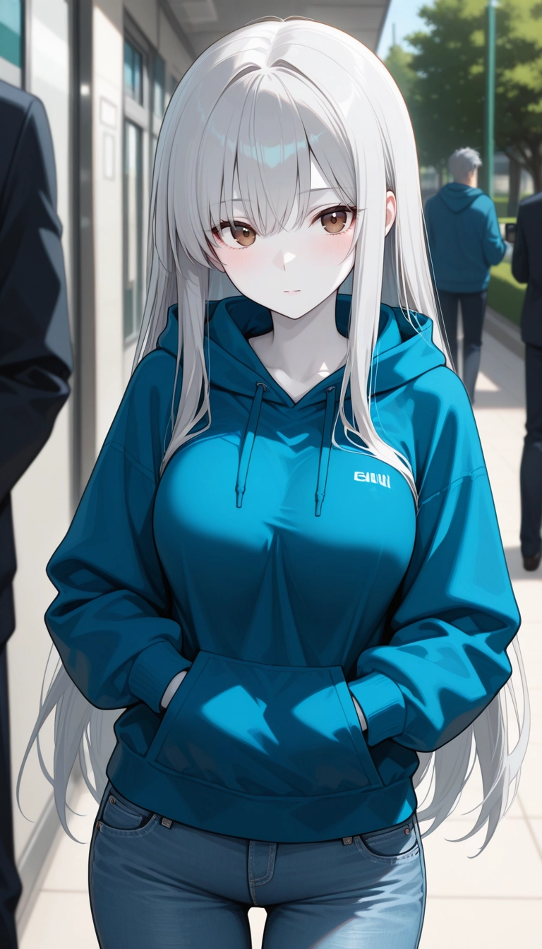 1girl, denim, hood, hoodie, long hair, pants · Yamete.gg