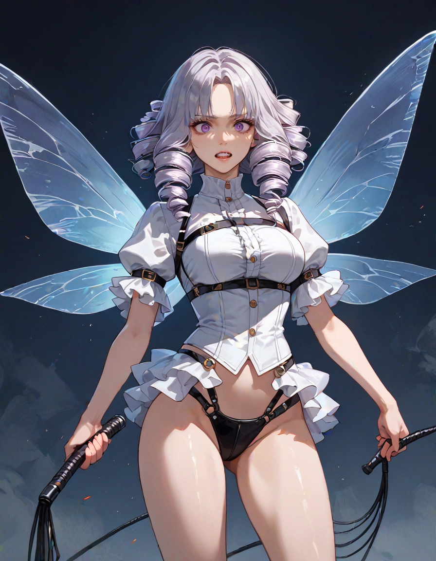 1girl, solo, drill hair, wings, breasts, holding · Yamete.gg