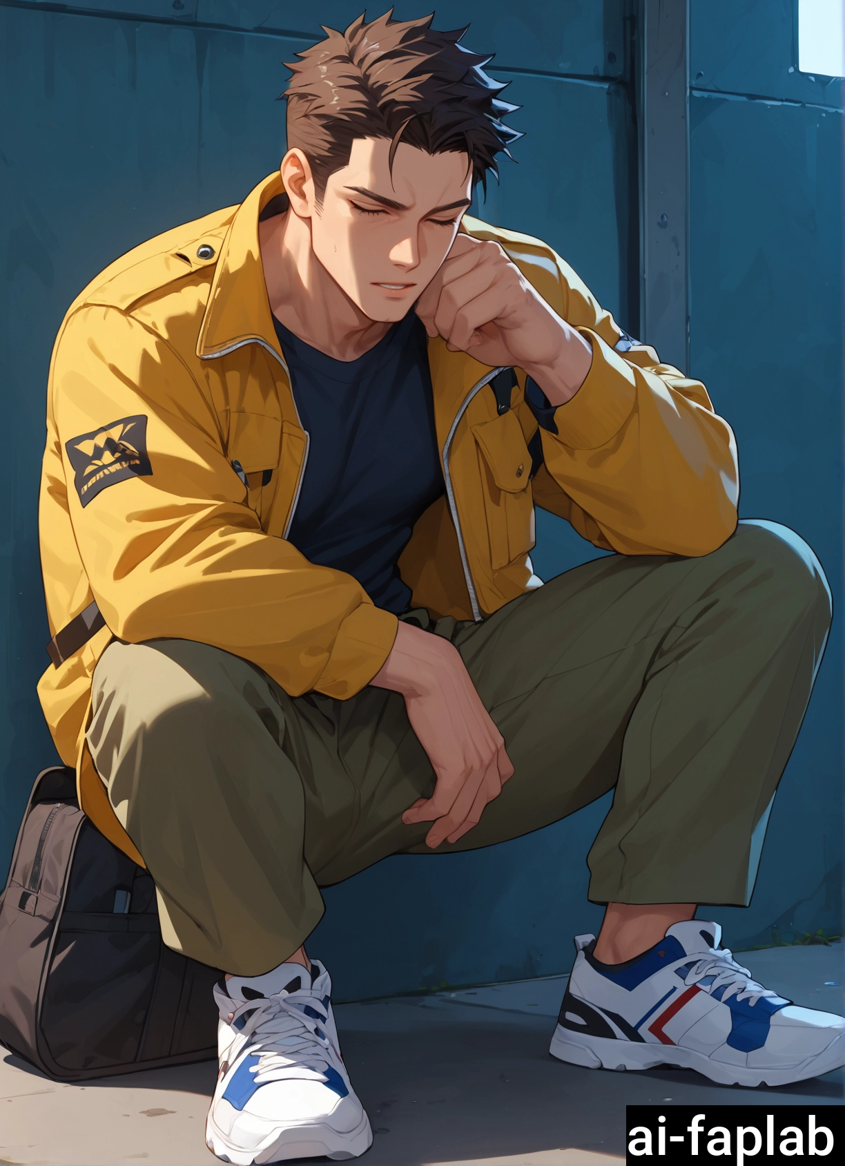 1boy, male focus, jacket, solo, bag, shoes