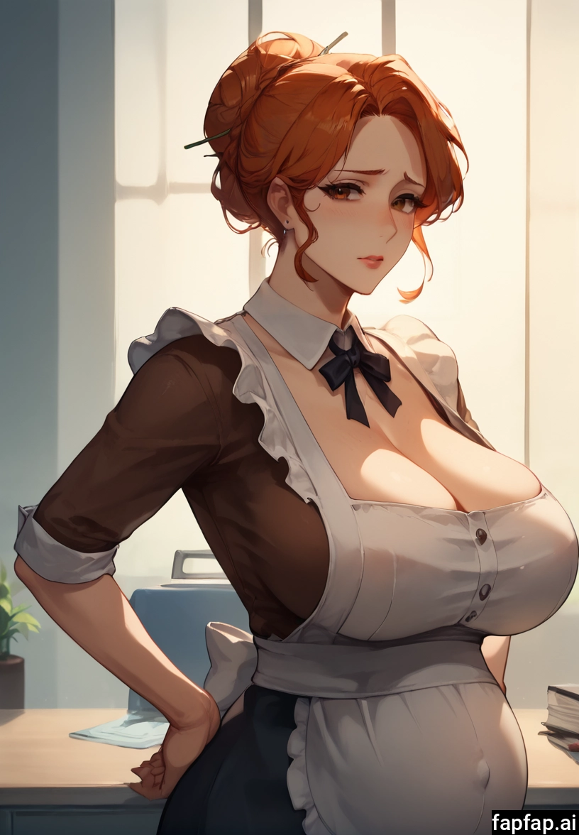 1girl, breasts, solo, apron, cleavage, single hair bun · Yamete.gg