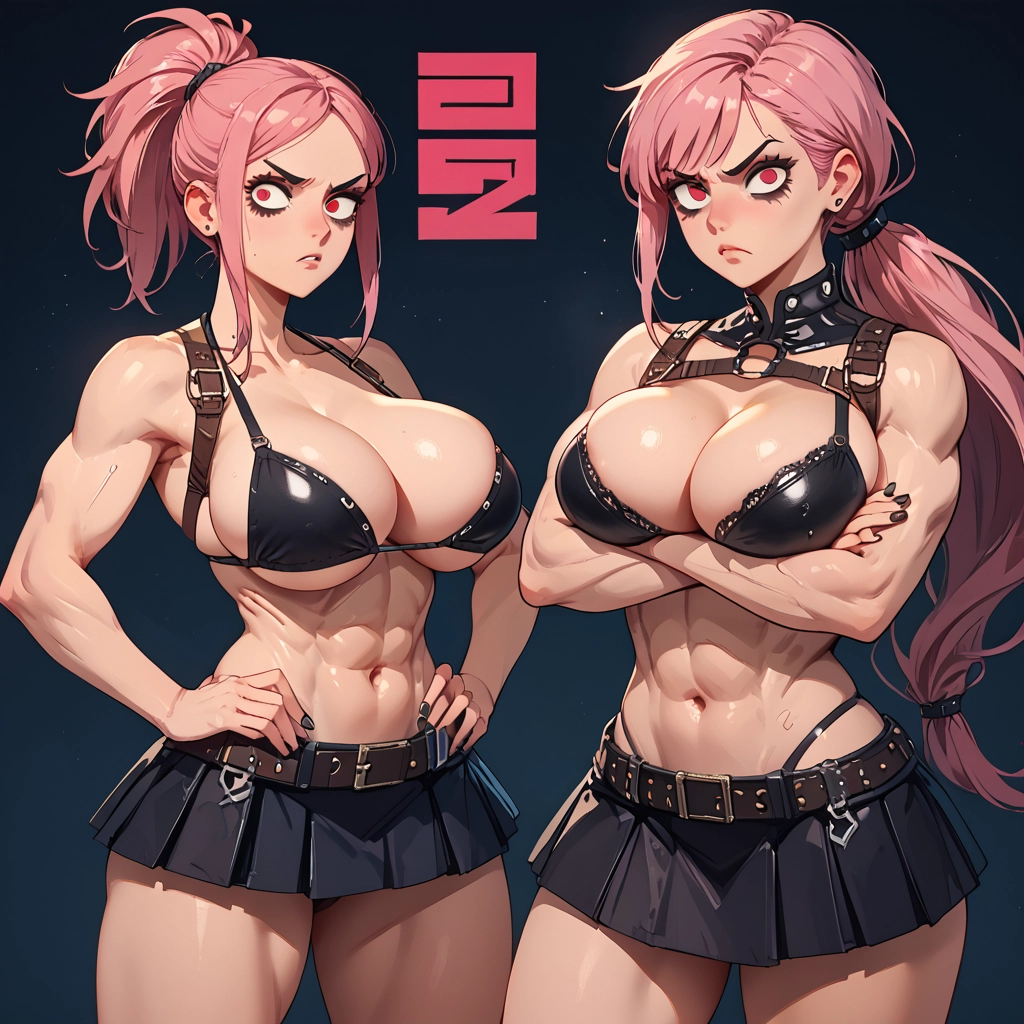 breasts, pink hair, skirt, multiple girls, long hair, navel · Yamete.gg