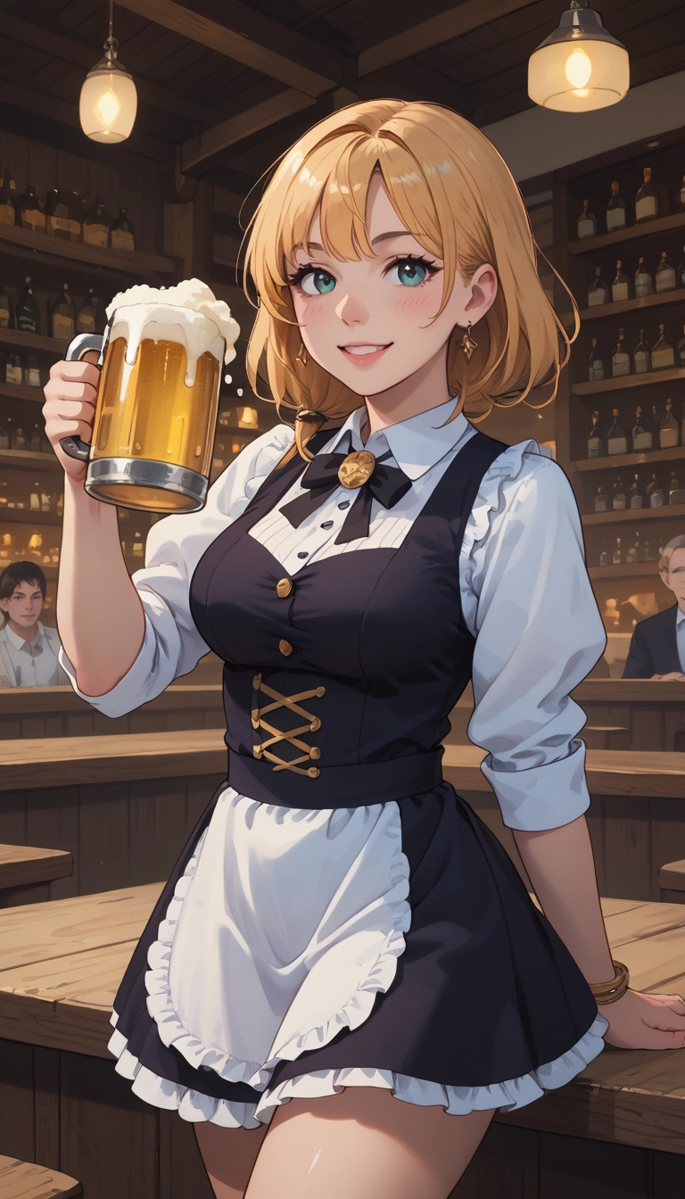 jewelry, smile, 1girl, blonde hair, cup, alcohol · Yamete.gg
