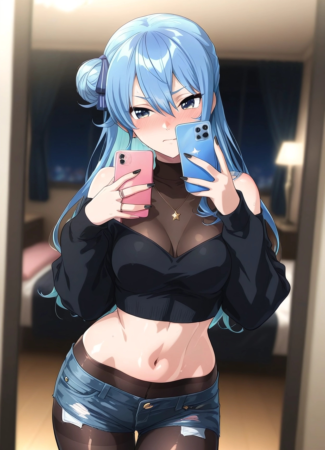 1girl, breasts, phone, shorts, navel, blush