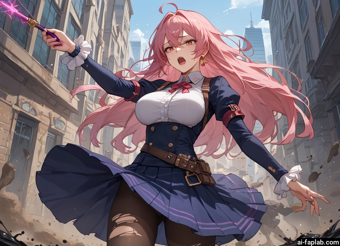 1girl, pantyhose, pink hair, long hair, torn clothes, breasts · Yamete.gg