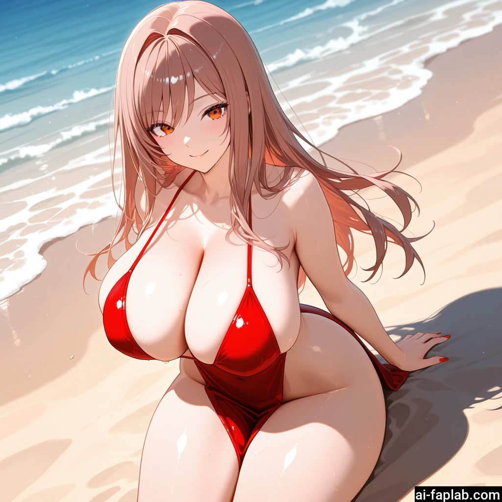 breasts, 1girl, long hair, smile, beach, solo