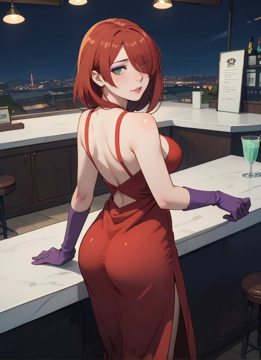 1girl, ass, gloves, dress, green eyes, breasts · Yamete.gg