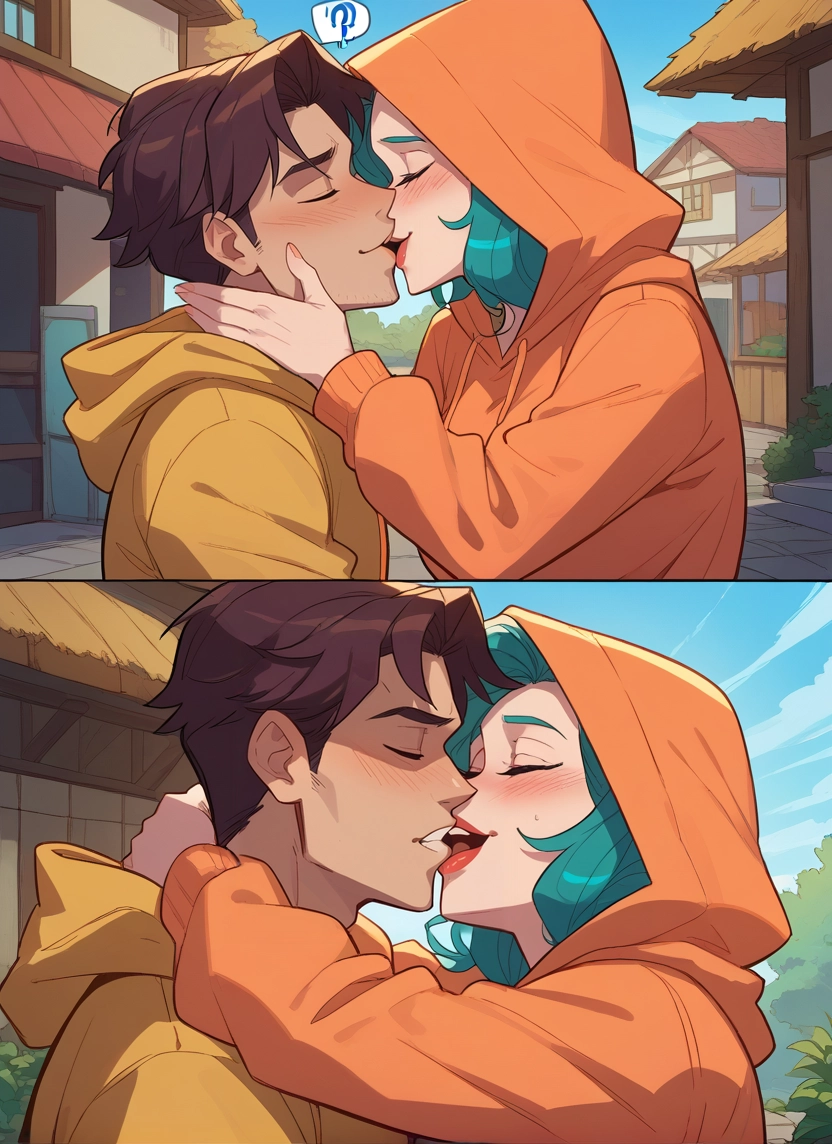 1girl, 1boy, hetero, hood, closed eyes, kiss · Yamete.gg