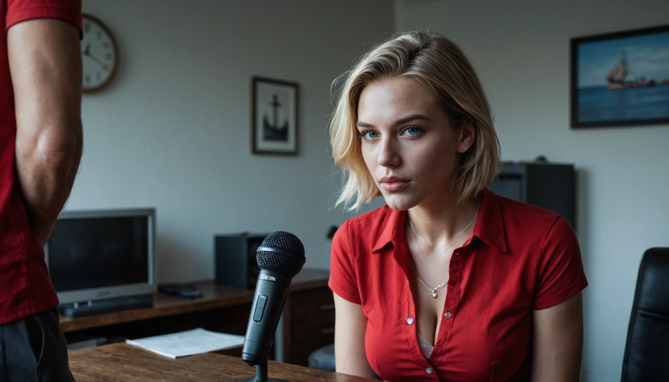 1girl, blonde hair, blue eyes, jewelry, necklace, microphone · Yamete.gg