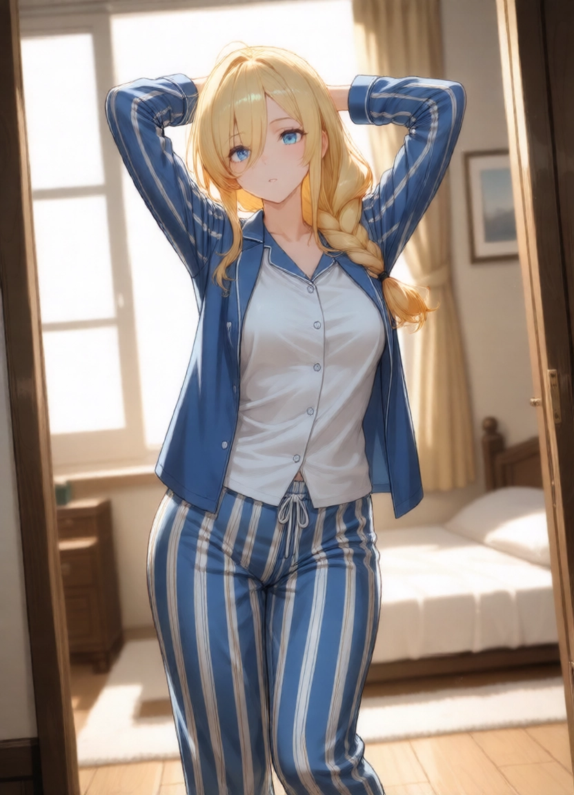 1girl, solo, pajamas, long hair, breasts, blonde hair · Yamete.gg