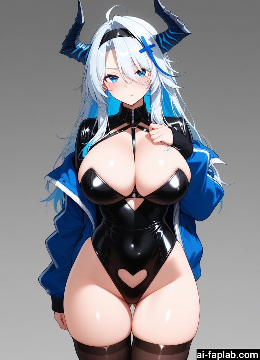 breasts, 1girl, thighhighs, horns, solo, blue eyes · Yamete.gg