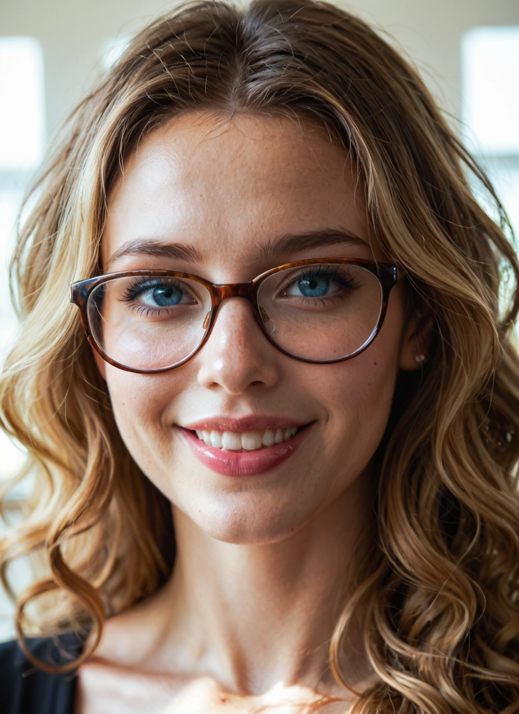 1girl, solo, glasses, blonde hair, blue eyes, smile · Yamete.gg