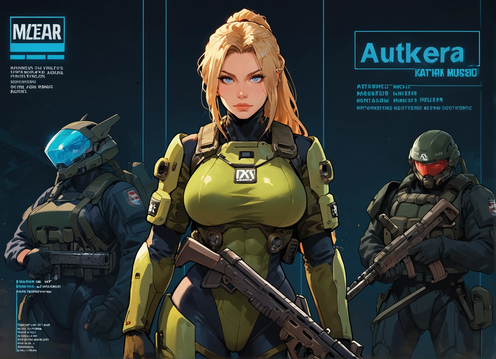 weapon, gun, blonde hair, blue eyes, breasts, ponytail · Yamete.gg