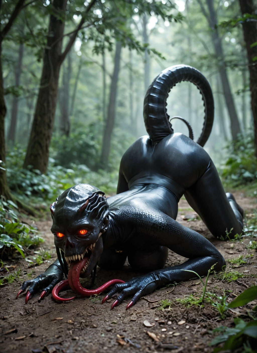 1girl, tail, tongue, nature, long tongue, solo · Yamete.gg