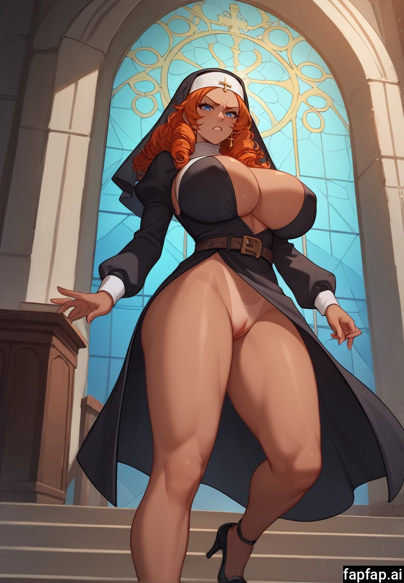 1girl, breasts, nun, solo, blue eyes, belt