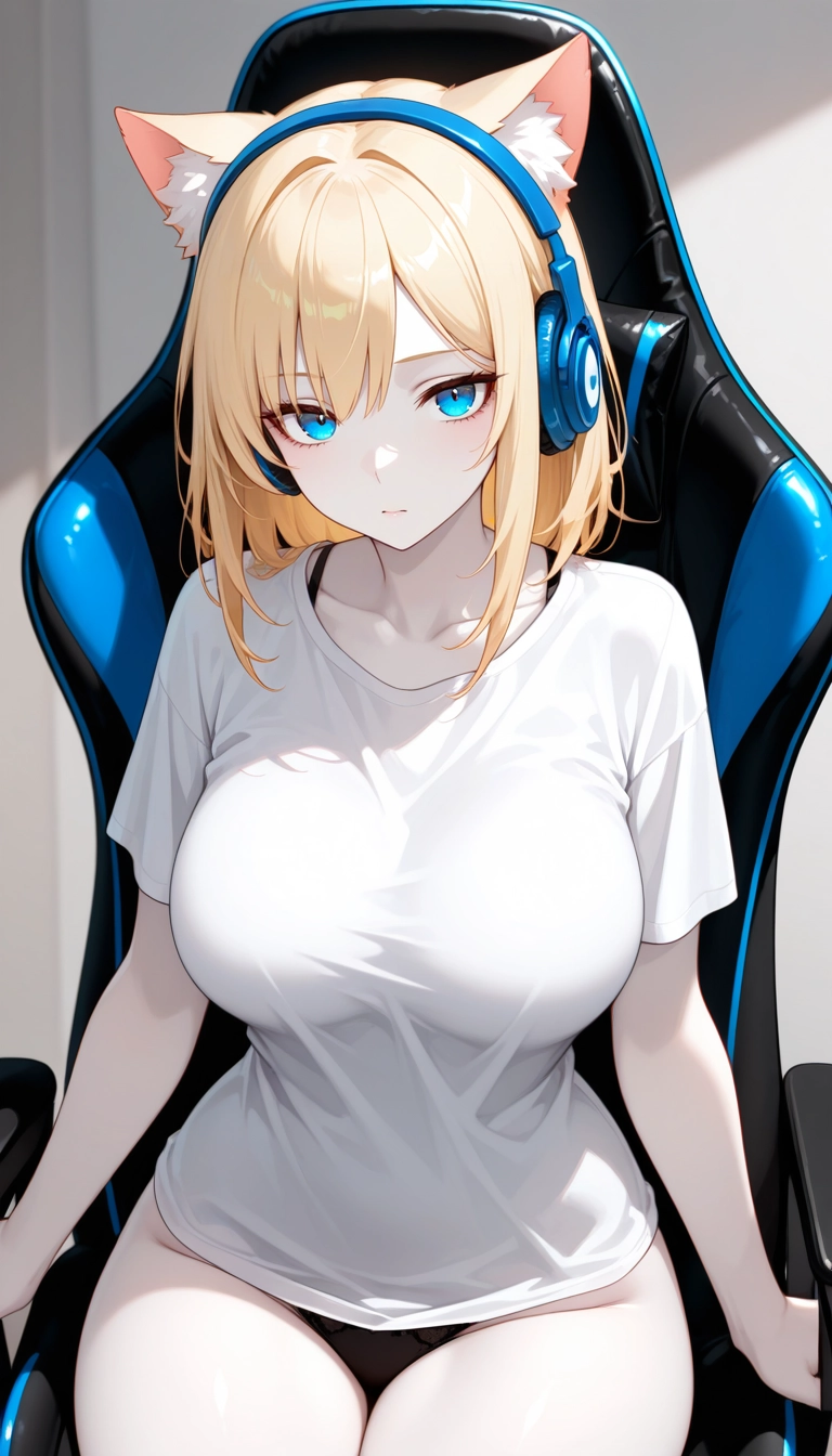 1girl, solo, blonde hair, headphones, breasts, animal ears · Yamete.gg