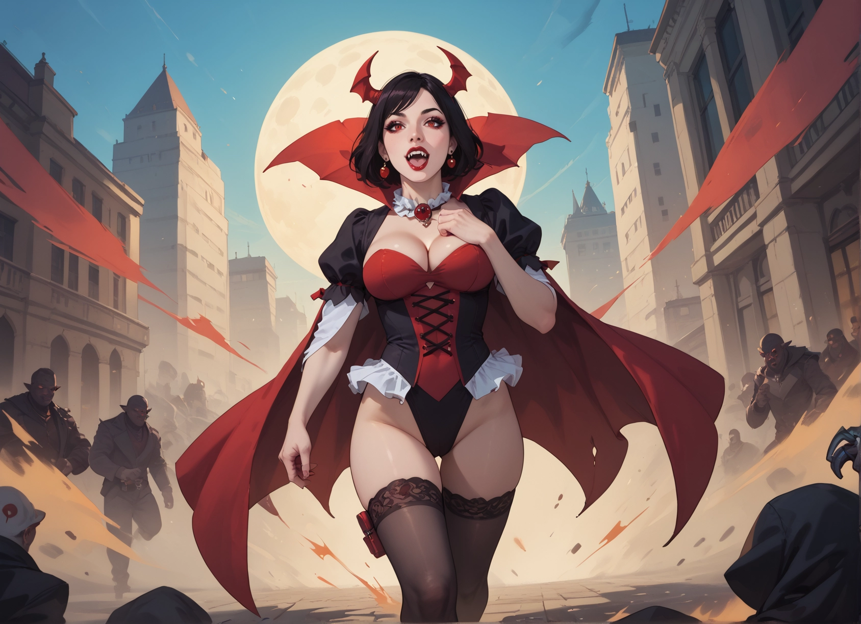 thighhighs, breasts, moon, red eyes, 1girl, jewelry · Yamete.gg