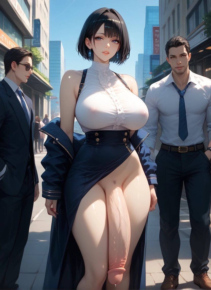 penis, breasts, 1girl, futanari, skirt, large breasts · Yamete.gg