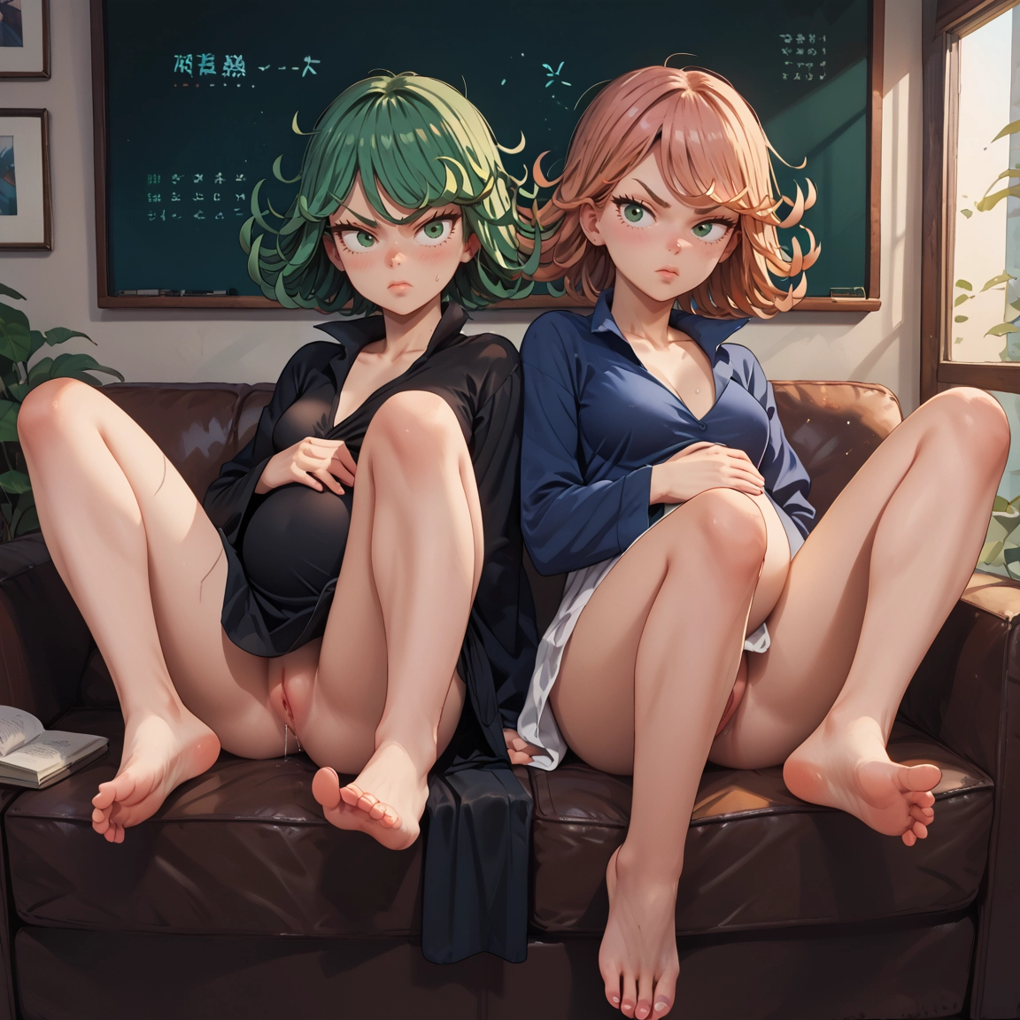 multiple girls, 2girls, barefoot, pussy, green eyes, feet · Yamete.gg