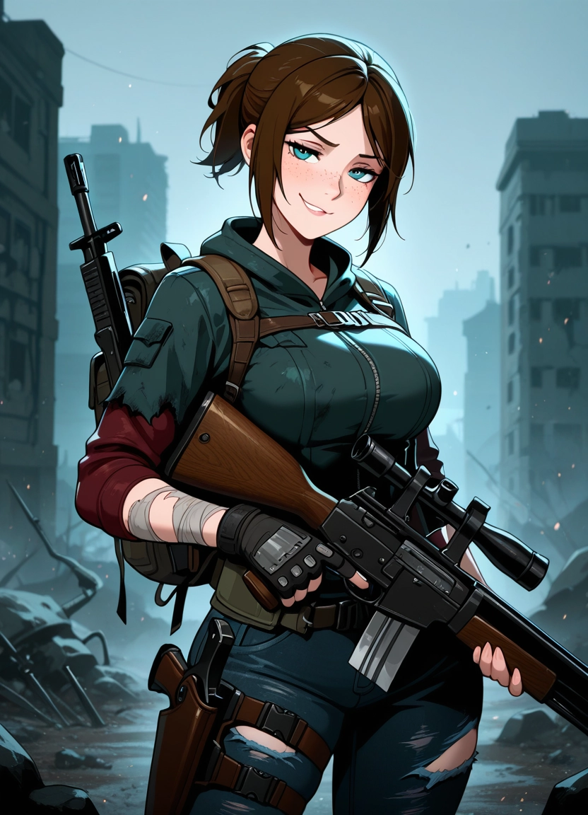 1girl, weapon, gun, freckles, solo, brown hair · Yamete.gg