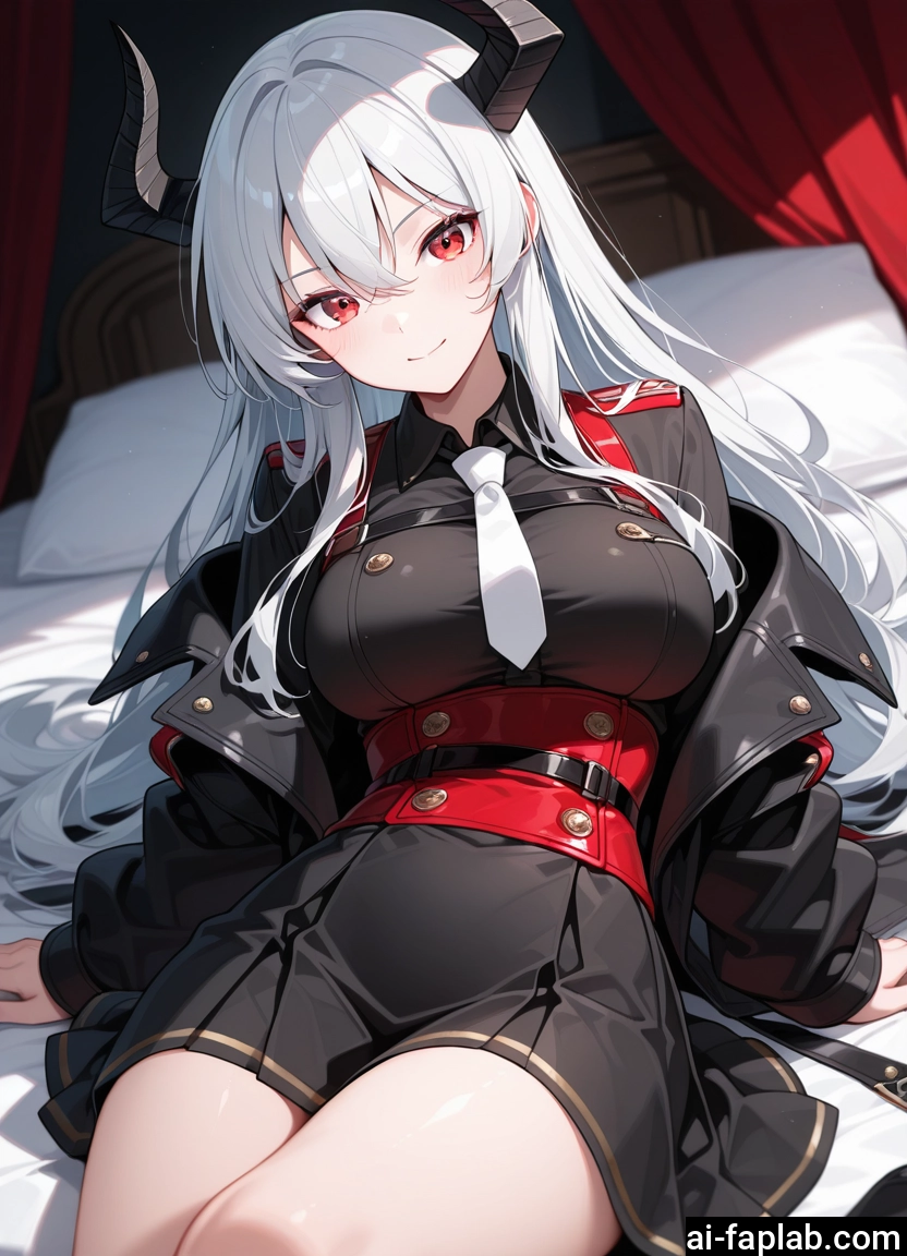 1girl, long hair, horns, breasts, red eyes, solo