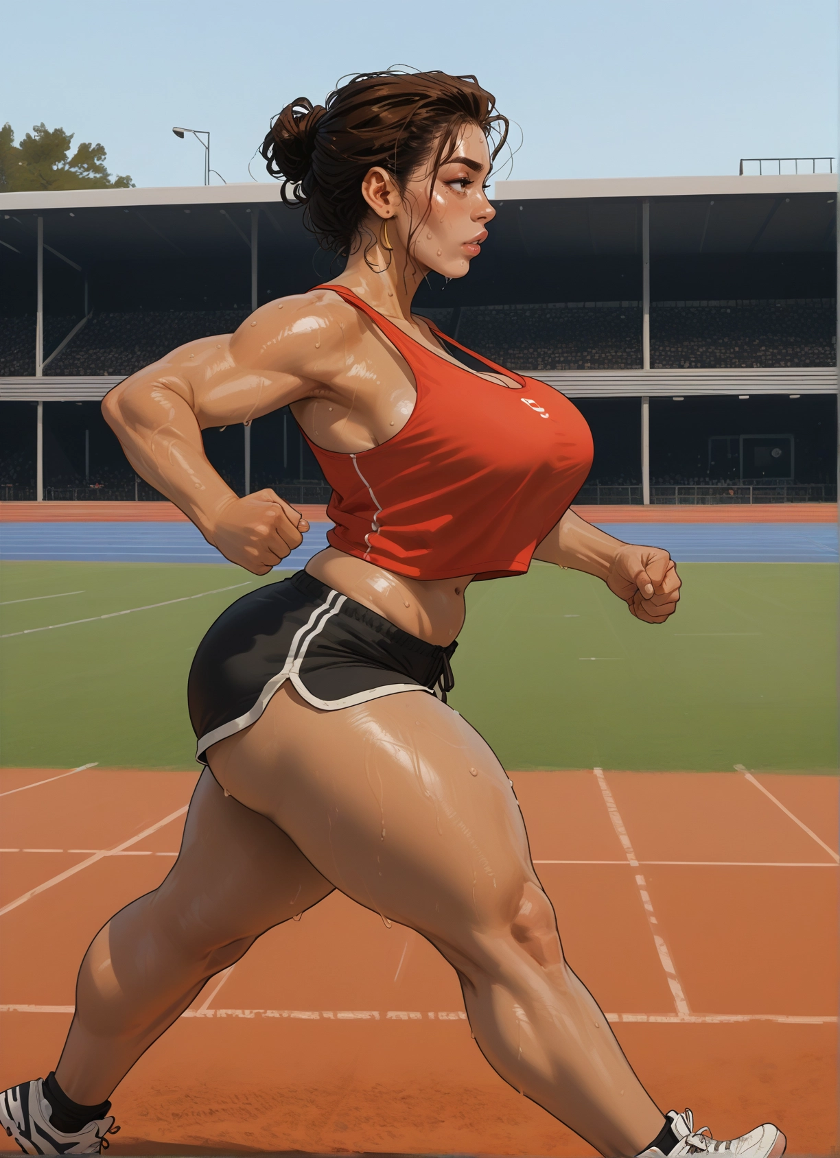 1girl, breasts, shorts, sweat, brown hair, thighs · Yamete.gg