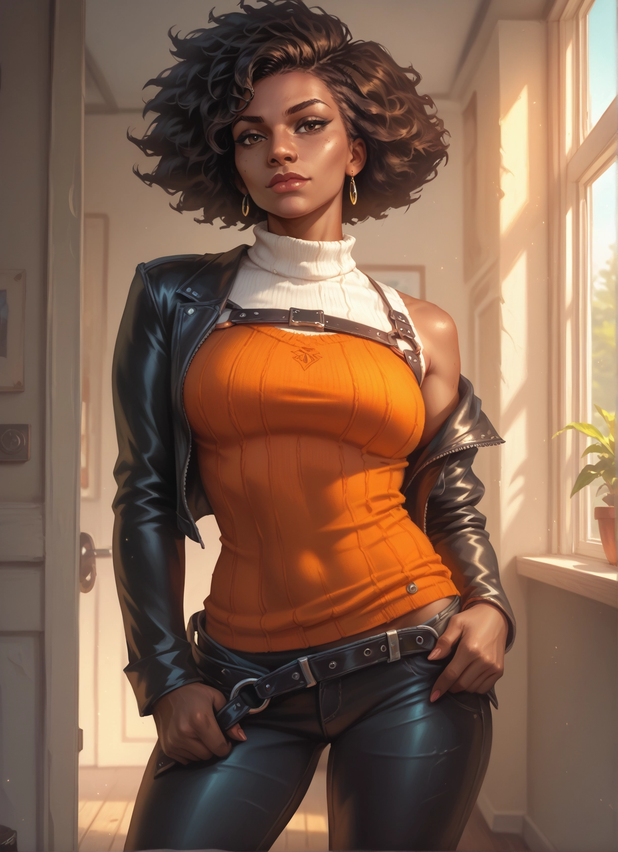 1girl, solo, jewelry, earrings, pants, breasts · Yamete.gg