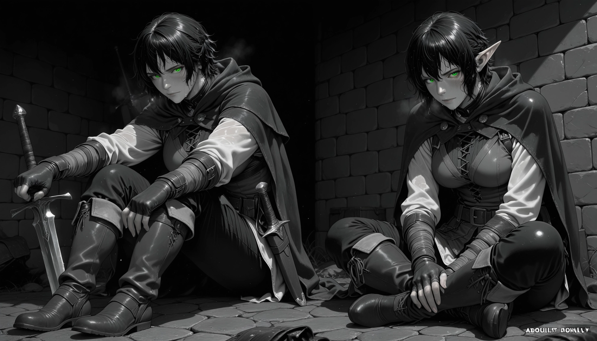 weapon, pointy ears, 1girl, sitting, 1boy, monochrome · Yamete.gg
