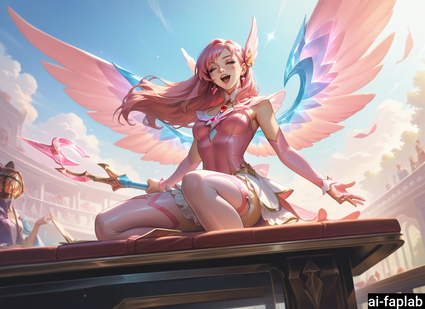 thighhighs, wings, long hair, outdoors, open mouth, pink gloves · Yamete.gg