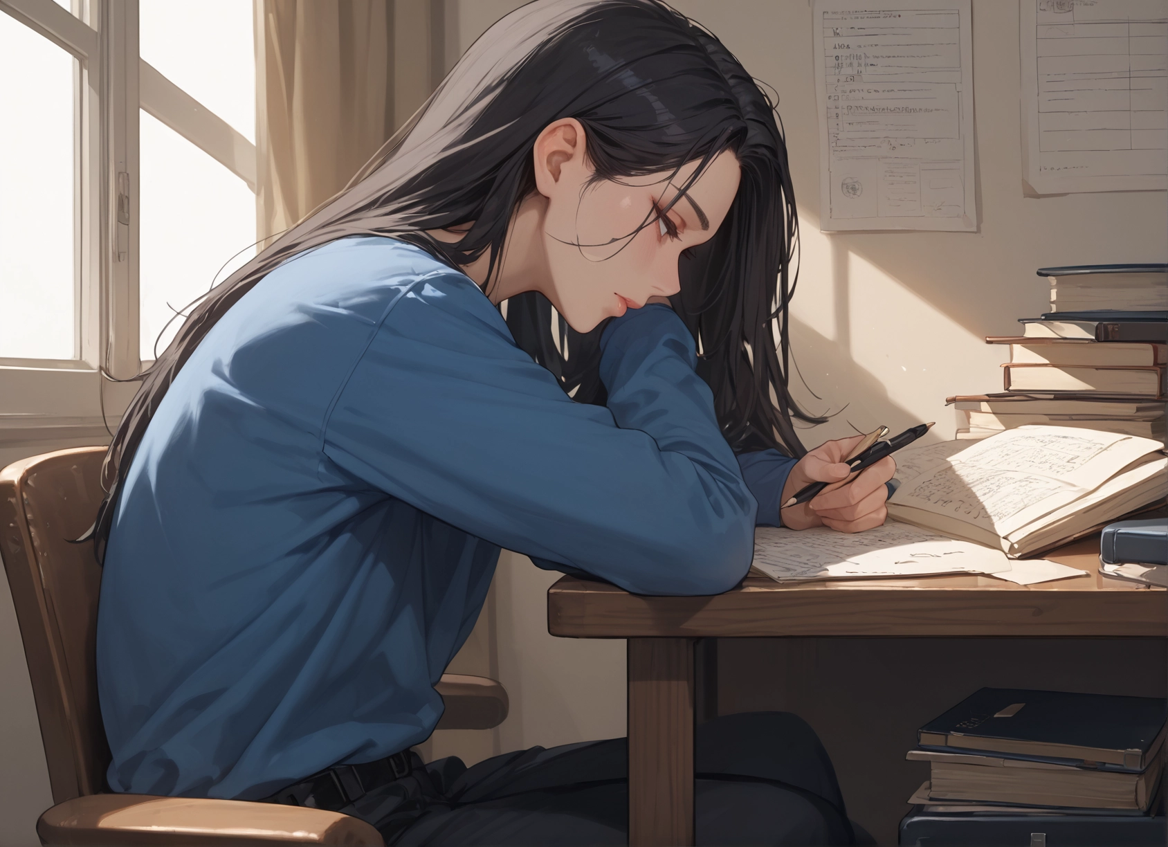 1girl, long hair, solo, book, sitting, window · Yamete.gg