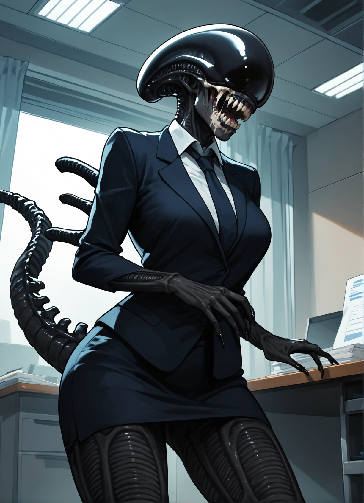 1girl, skirt, necktie, formal, suit, tail