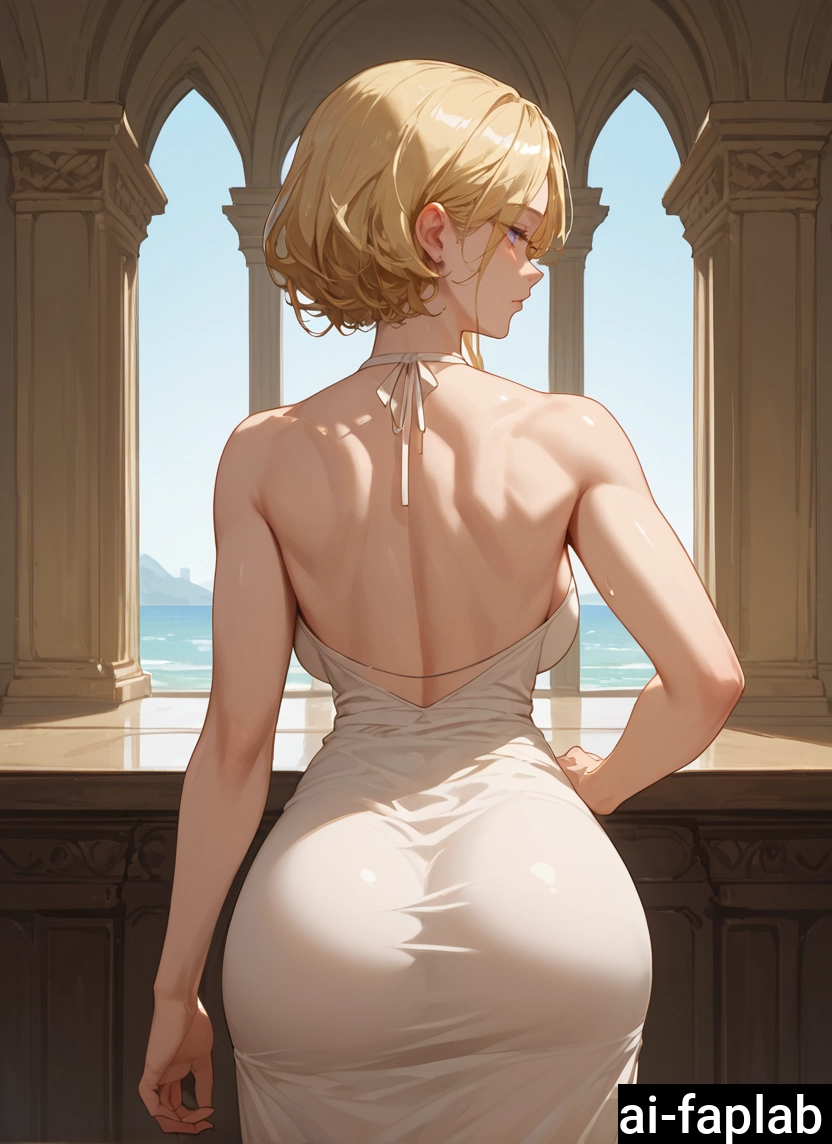 1girl, blonde hair, ass, dress, solo, white dress