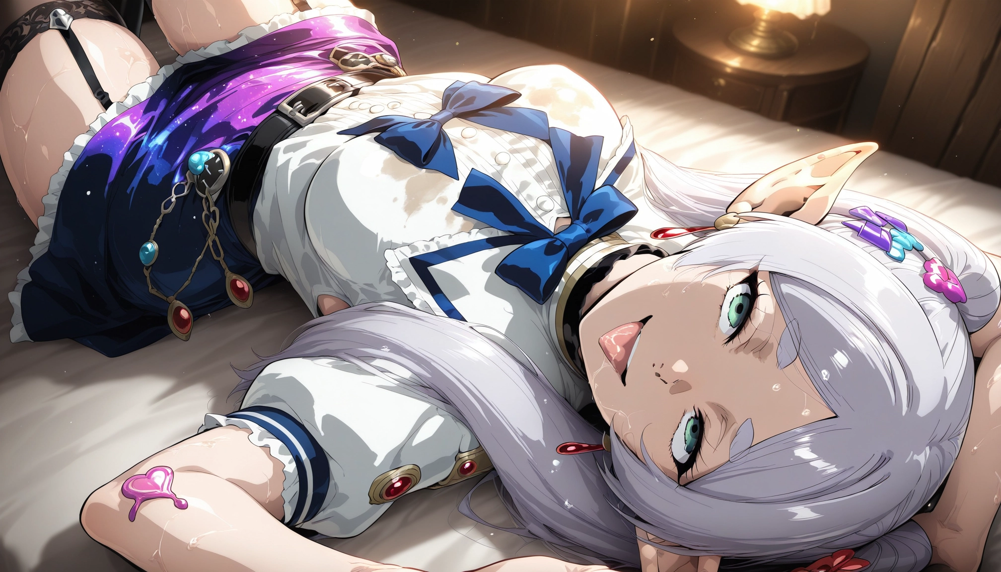 1girl, frieren, pointy ears, solo, elf, lying