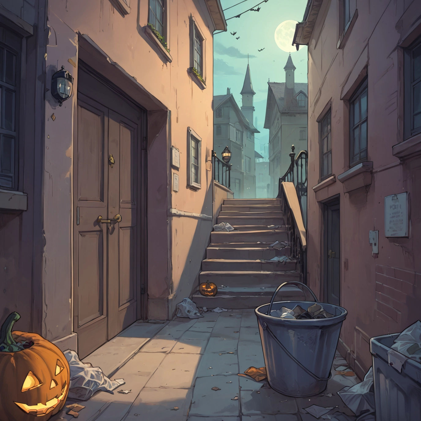 no humans, moon, scenery, bucket, jack-o'-lantern, stairs · Yamete.gg