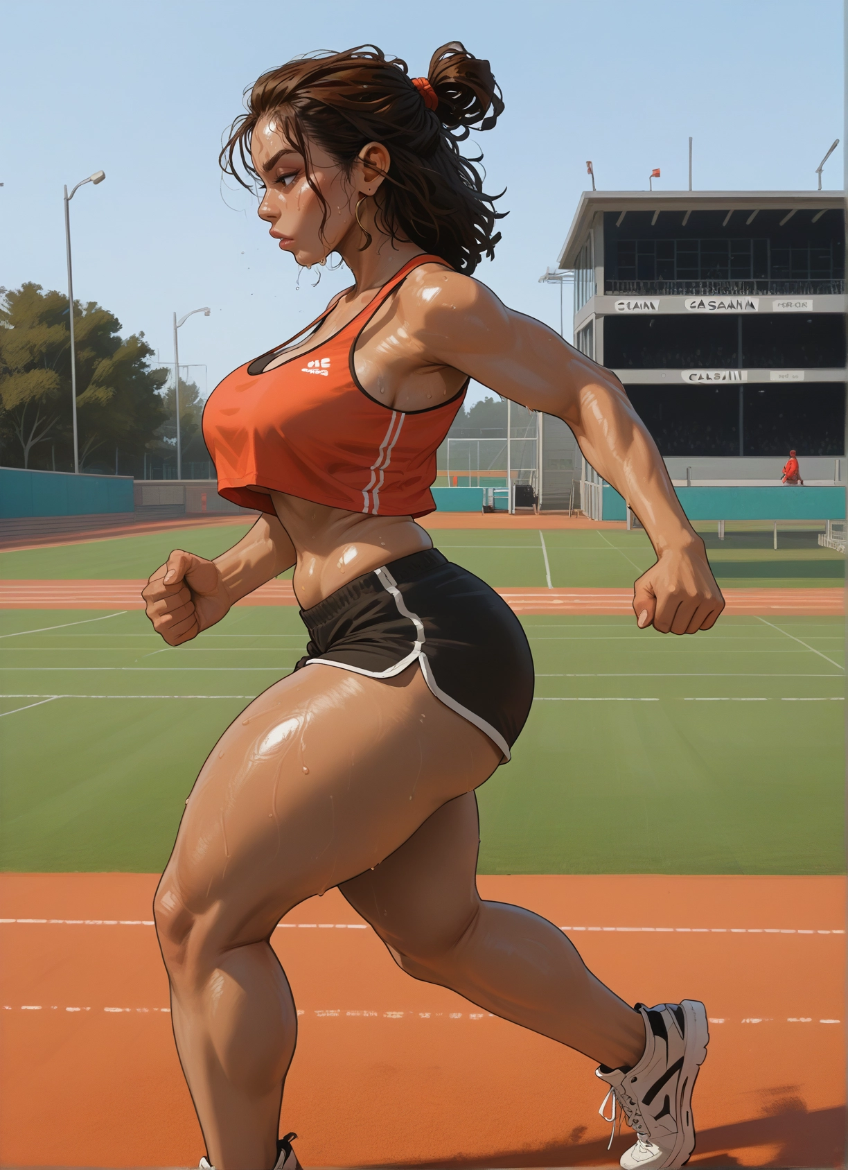 breasts, shorts, sweat, brown hair, 1girl, thighs · Yamete.gg