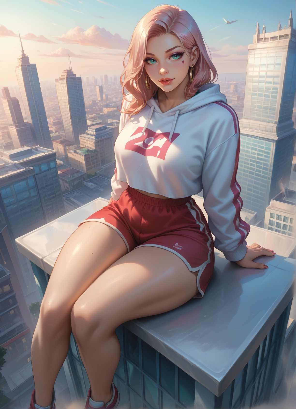 1girl, shorts, jewelry, earrings, hood, sitting · Yamete.gg