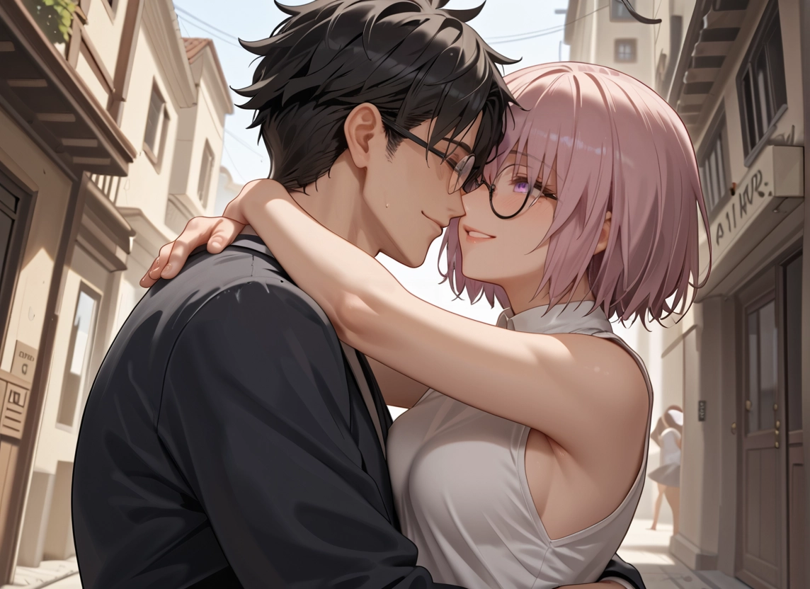 1boy, glasses, purple eyes, multiple girls, breasts, 2girls · Yamete.gg