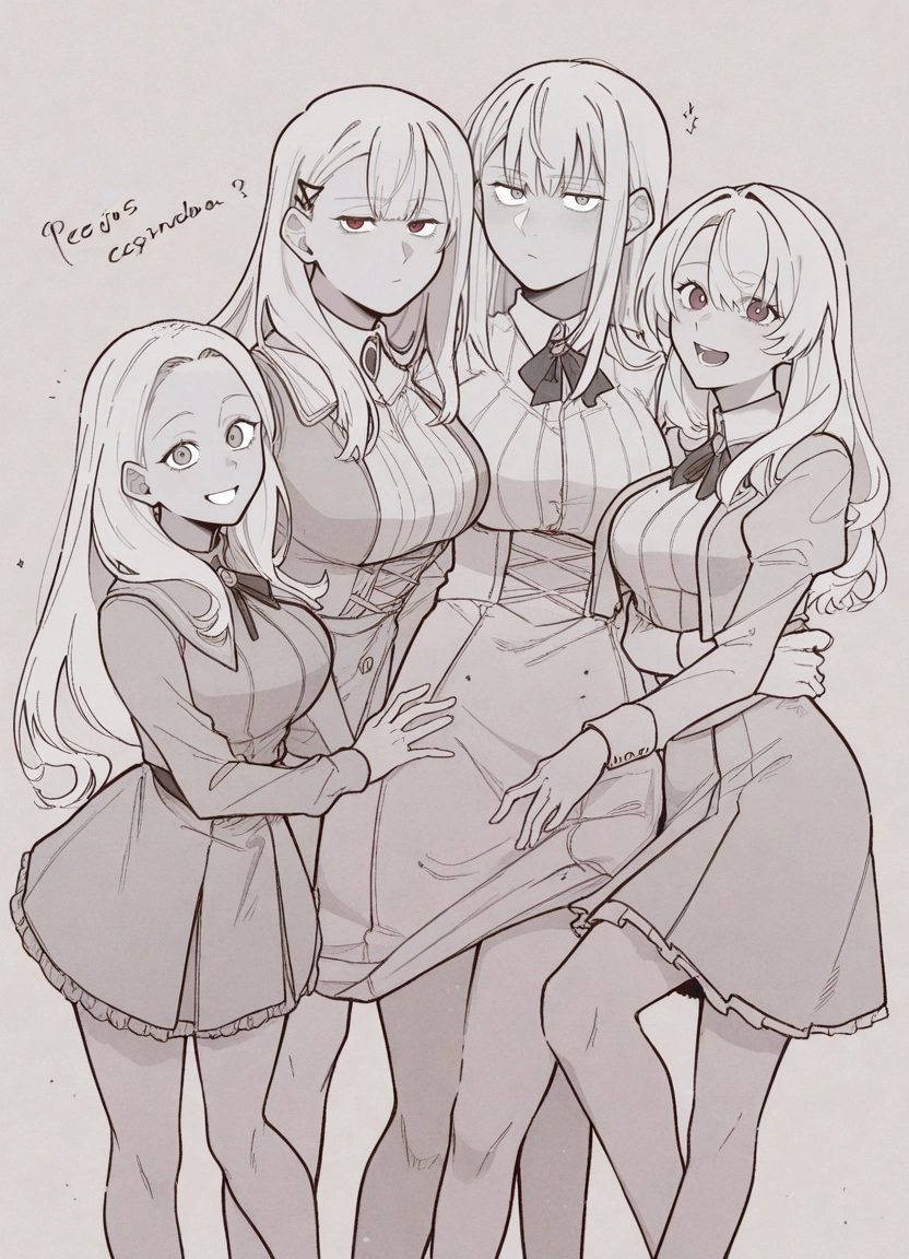 multiple girls, 4girls, long hair, monochrome, looking at viewer, smile
