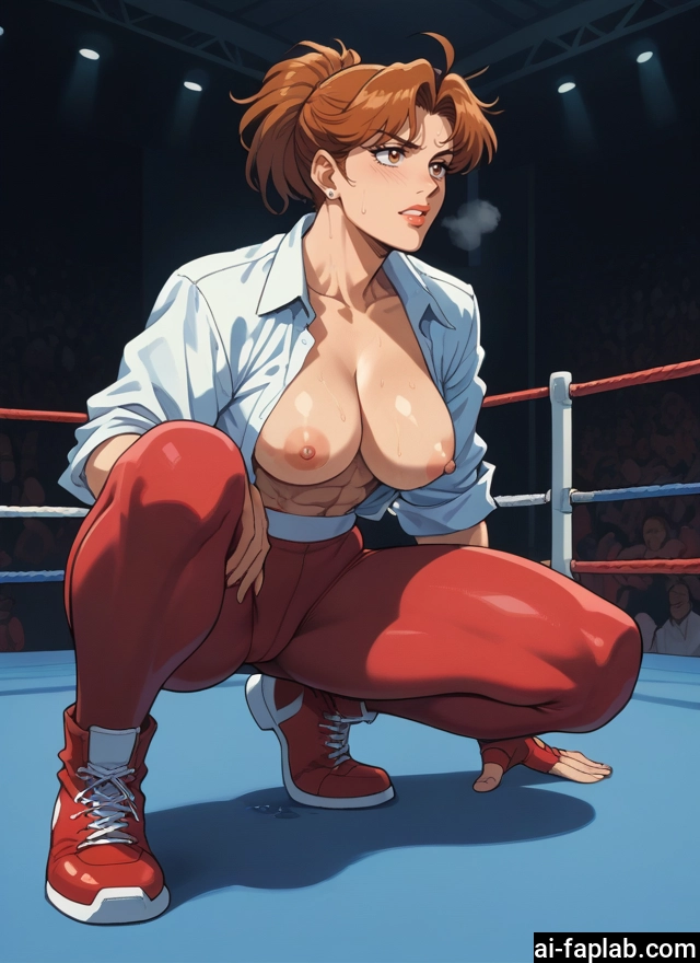 breasts, 1girl, nipples, squatting, abs, gloves