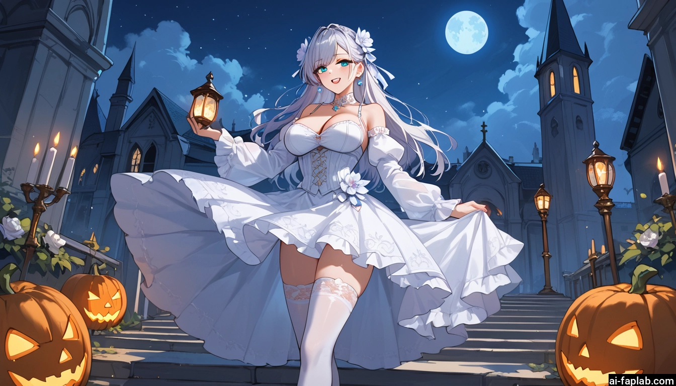 1girl, breasts, thighhighs, dress, moon, white legwear · Yamete.gg