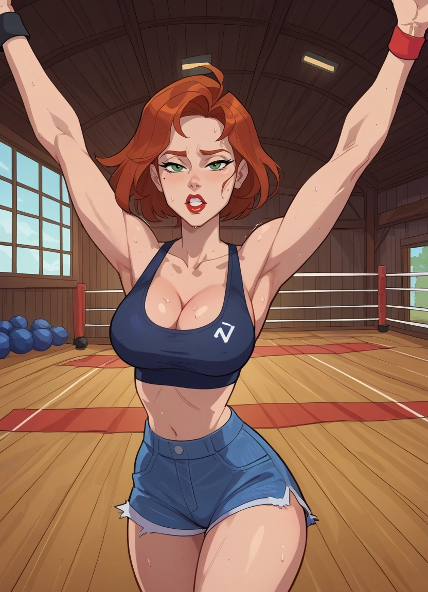 1girl, breasts, shorts, green eyes, sweat, mole · Yamete.gg