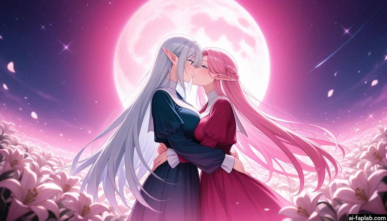 multiple girls, 2girls, long hair, pointy ears, yuri, flower · Yamete.gg