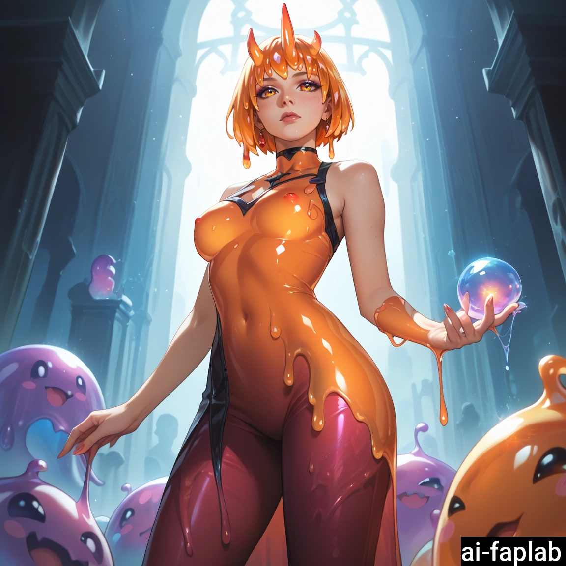 1girl, breasts, slime (substance), orange eyes, orange hair, short hair · Yamete.gg