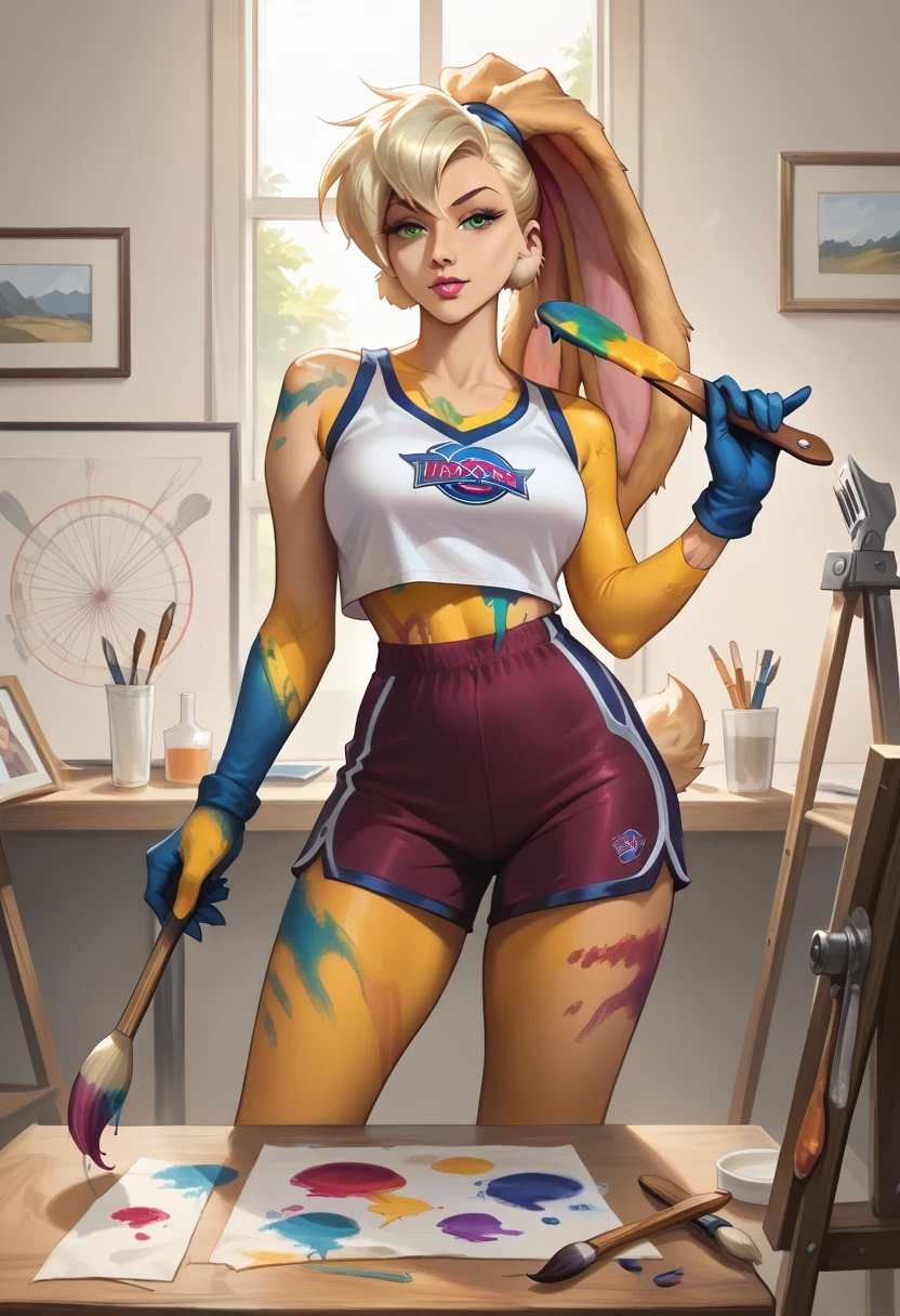 furry, 1girl, green eyes, shorts, paintbrush, solo