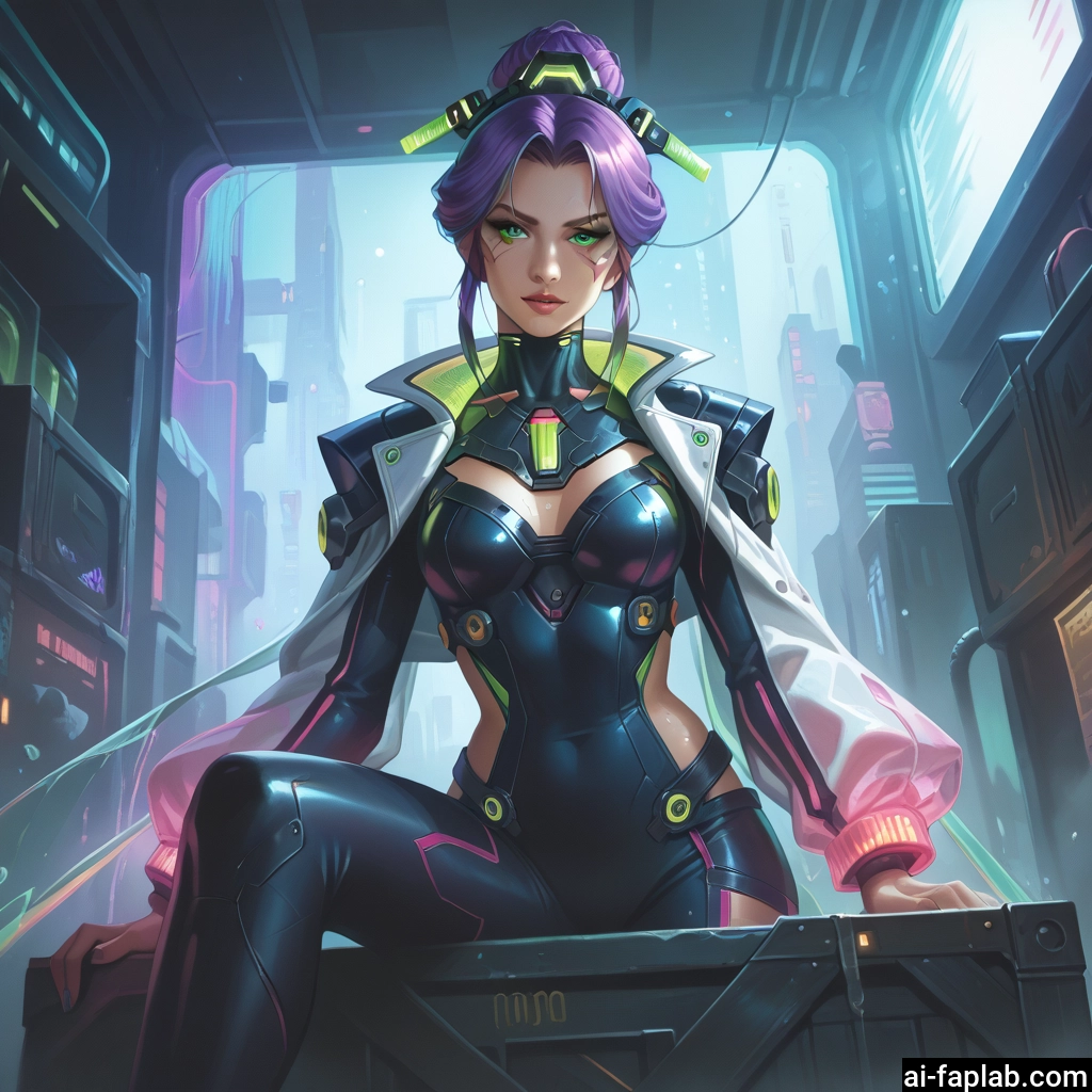 1girl, green eyes, breasts, purple hair, solo, sitting