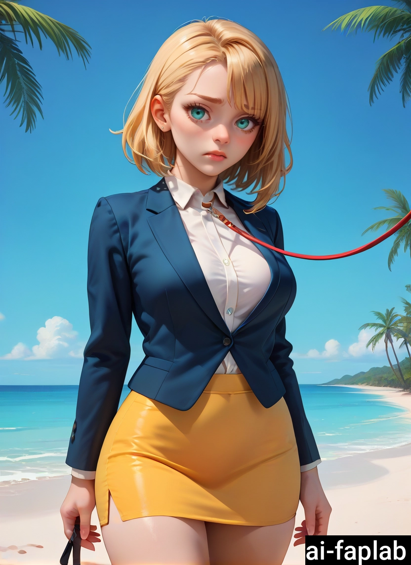 1girl, skirt, blonde hair, solo, beach, leash · Yamete.gg