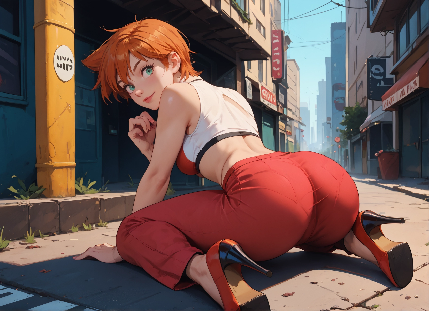 1girl, ass, high heels, solo, short hair, pants · Yamete.gg