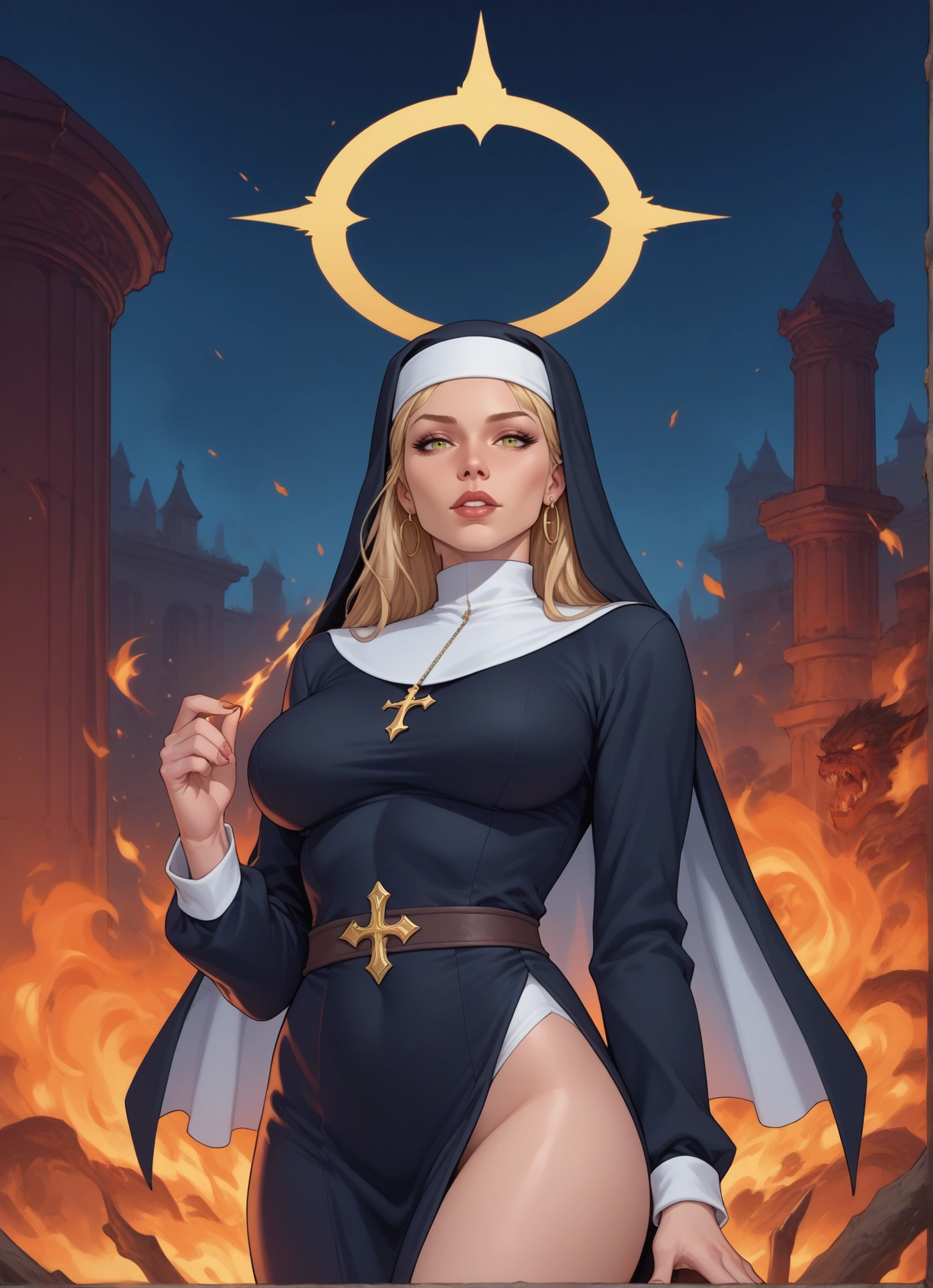 1girl, nun, jewelry, breasts, blonde hair, earrings · Yamete.gg